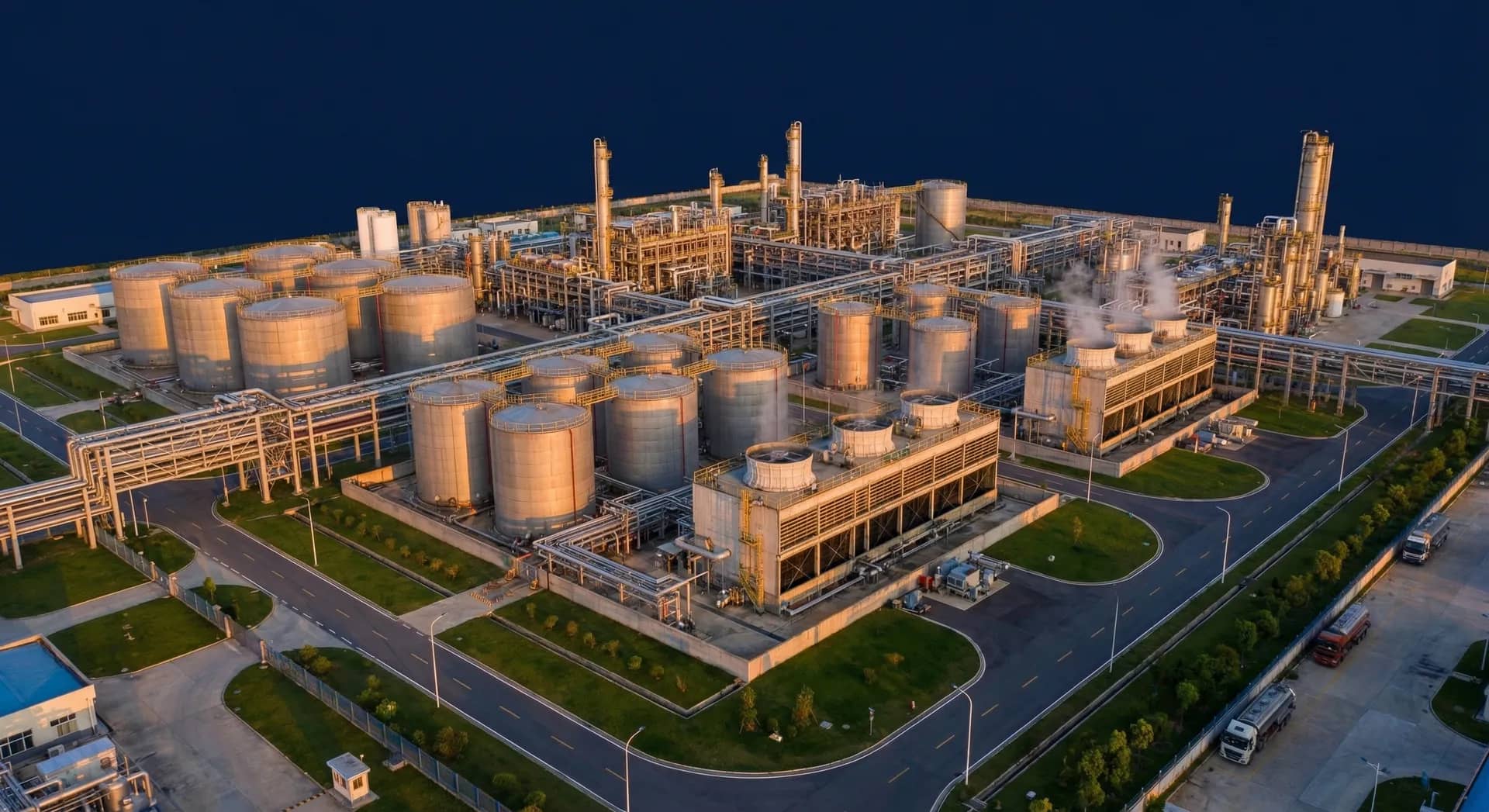 Aerial view of a chemical manufacturing plant at dusk — storage tanks, process units and cooling towers